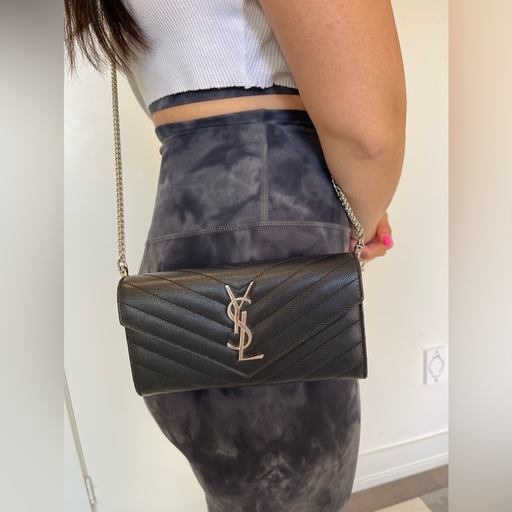 Authentic Saint Laurent Cassandra Caviar Envelope wallet with crossbody strap